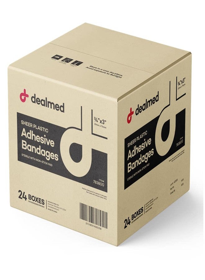 Dealmed Sheer Plastic Flexible Adhesive Bandages – 100 Count (24 Pack) Bandages with Non-Stick Pad, Latex Free, Wound Care for First Aid Kit, 3" x 3/4" - Image 1